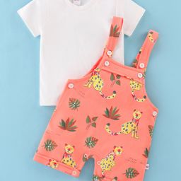 WOW Clothes Cotton Dungaree with Half Sleeves Inner Tee Leopard Print - Peach-image-47