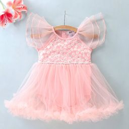 Mark & Mia Cap Sleeves Party Wear Knee Length Frock Style Onesie With Floral Embroidery- Pink-image-51