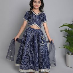 The Magic Wand Half Sleeves Bandhani Design & Lace Embellished Lehenga Choli With Dupatta - Blue-image-85