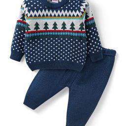 Babyhug Knitted Full Sleeves Pullover Sweater & Pant Set with Christmas Theme Design  - Navy Blue-image-124