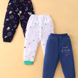 Mini Donuts 100% Cotton Knit Full Length Lounge Pants With Space Theme Print Pack Of 3 - White Navy & Blue-image-14