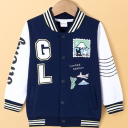 Kookie Kids Terry Knit Full Sleeves Bomber Jacket with Alphabet & Animals Print - Navy Blue-image-94