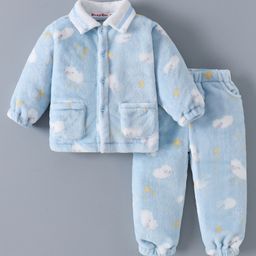 Kookie Kids Full Sleeves Printed Collared Winter Wear Night Suit - Sky Blue-image-42