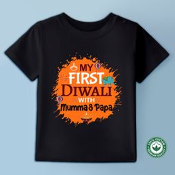 BLUSHES Diwali Theme 100% Cotton Half Sleeves My First Diwali With Mummy & Papa Text Printed Tee - Black-picture-30