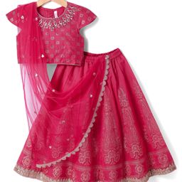 Babyhug Woven Half Sleeves Lehenga Choli Set With Floral Foil Print & Embroidery And Dupatta - Dark Pink-image-33
