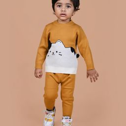 Mama & Peaches Cotton Full Sleeves Cat Designed Sweatshirt With Joggers Set - Mustard-image-80