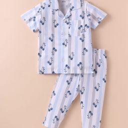 CUCUMBER Sinker Knit Half Sleeves Night Suit with Beach Theme Print & Stripes - White-picture-22