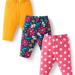 Babyhug Cotton Lycra Knit Three Fourth Length Leggings With Polka Dots & Floral Print Pack Of 3 - Dark Pink & Navy Blue-image-86