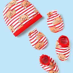 Babyhug 100% Cotton Interlock Knit Cap Mittens & Booties Set With Stripes & Animal Print Red - Diameter 14 cm-image-76