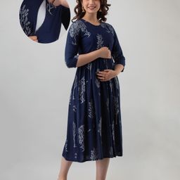 Step Queen Rayon Three Fourth Sleeves Leaves Foil Printed Maternity Dress With Nursing Access - Blue-image-5