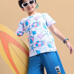 Ollington St. Cotton Half Sleeves T-Shirt & Knit Shorts with Beach Theme Print - White & Blue-picture-1