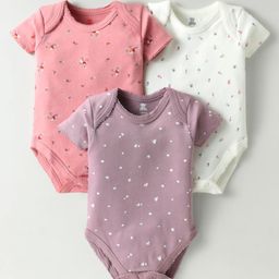 I Bears Interlock Knit Half Sleeves Onesies With Floral Print Pack Of 3 - Pink & Mauve-image-51