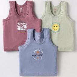 Zero Sinker Knit Sleeveless Set of Vests with Typography Print Pack of 3 - Blue Sage & Red-image-58