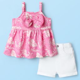 Babyhug Woven Sleeveless Top and Shorts with Tropical Print - Pink-image-59