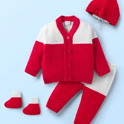 Babyhug Knit Full Sleeves Color Block Front Open Sweater Set with Cap & Booties - Red & White-picture-36