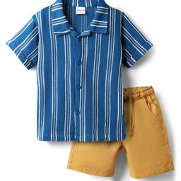 Babyhug Cotton Knit Half Sleeves Striped Shirt & Shorts Set - Blue & Khaki-image-24