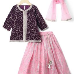 Babyhug Woven Three Fourth Sleeves Choli with Lehenga and Dupatta Set With Floral Sequin & Embroidery with Lace Detailing - Wine & Pink-picture-5