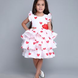 PinkChick Cotton Frill Sleeves Hearts Printed Layered Dress With Hair Clip - Red-image-74