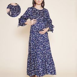 Mine4Nine Rayon Woven Half Bell Sleeves Striped & Abstract Printed Maternity Dress With Side Zipper Nursing Access - Navy Blue-image-65