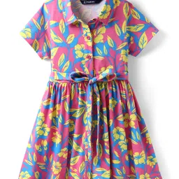 Pine Kids Cotton Knit Half Sleeves Frock With Belt & Floral Print - Dark Pink-picture-33