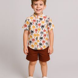 Aww Hunnie 100% Cotton Knit Half Sleeves Palm Trees Printed Shirt & Shorts Set - Multi Colour-image-35