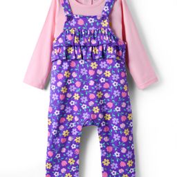 Babyhug Single Jersey Knit Floral Printed Dungaree with Full Sleeves Inner Tee - Pink & Purple-image-74