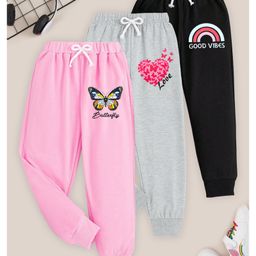 KUCHIPOO Cotton Blend Knit Pack Of 3 Heart & Typography Printed Track Pants - Pink Black & Grey-picture-29