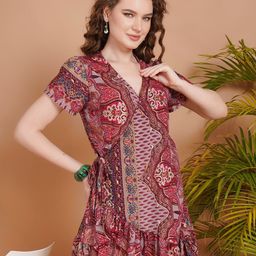 Boholyfe Women Ethnic Motifs Amira Rosewood Mini Angrakha Dress-image-78