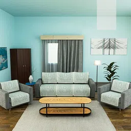 Kuber Industries Blue & White Net Cotton Sofa & Table Cover Combo-7