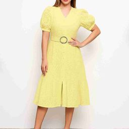 MARC LOUIS Women V-Neck Schiffli Detail Embroidered Puff Sleeve Midi Fit and Flare Dress-image-29