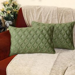 Feather Design Green Color Rectangle Velvet Cushion Covers Set of 2-51