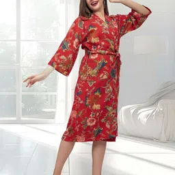 HotGown Red & Blue Floral Printed Pure Cotton Bath Robe-0