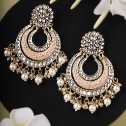 Adwitiya 24K Gold-Plated Artificial Stones Studded And Beaded Crescent Drop Earrings-6