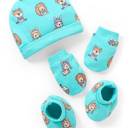 Babyhug 100% Cotton Animal Printed Cap Mittens & Booties Blue - Cap Diameter 11.5 cm-picture-28