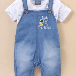 Little Kangaroos Cotton Half Sleeves Tee & Denim Dungaree Set With Embroidery & Text Print- Blue & White-picture-4