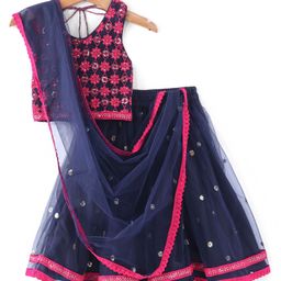 Babyhug Sleeveless Floral Embroidered Choli Lehenga with Dupatta- Navy Blue-image-64