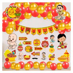 Zyozi Annaprasanam Decorations Items Bunting Banner Balloon Photo Booth Props Red & Gold -Pack of 65-image-90