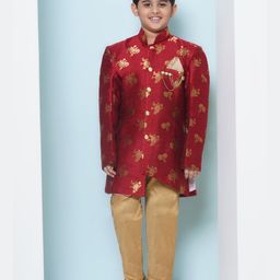 AJ Dezines Brocade Full Sleeves Floral Foil Printed Sherwani Set - Red-image-5