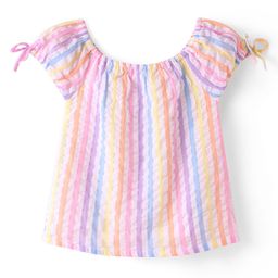 Babyhug Cotton Blend Woven  Half Sleeves Top with Stripes - Pink & Purple-image-26