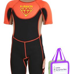 Little Surprise Box  Half Sleeves Diamond Printed Swimsuit With Bag - Brown & Orange-image-96