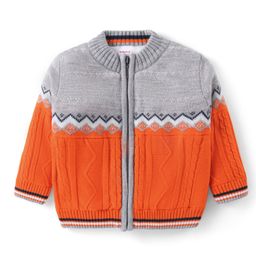 Babyhug Knitted Full Sleeves Front Open Sweater with Cable Knit Design- Grey & Orange-image-63