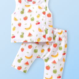 Babyhug 100% Cotton Sleeveless Jhabla & Pyjama Set Fruits Print - White-image-32