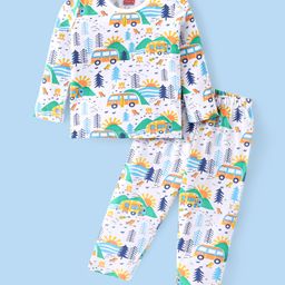 Babyhug Cotton Knit Full Sleeves Night Suit with Vehicle Print - White-image-87