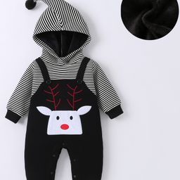 Kookie Kids Full Sleeves Winter Wear Hooded Romper with Stripes & Reindeer Patch - Black-image-46