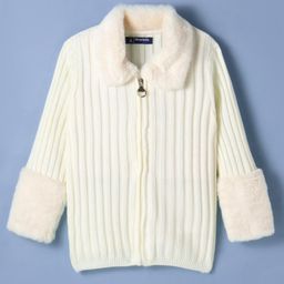 Pine Kids Knitted Full Sleeves Front Open Sweater with Collar Neck & Fur Detailing - Off White-image-11