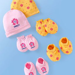 Doodle Poodle Interlock Knit Cap Mittens & Booties Set with Floral Print Yellow & Pink Pack of 2 - Diameter 10 cm-picture-14