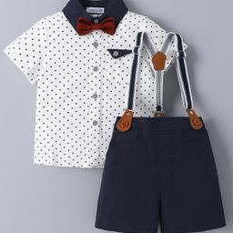 Mark & Mia Cotton Half Sleeves Polka Dot Printed Party Shirt & Solid Color Shorts Set with Suspender & Bow - Navy Blue & White-image-90