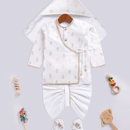 Vastramay Full Sleeves Ethnic Foil Printed Kurta With Kantha Work Detailed Dhoti Swaddle & Booties Set - Cream-image-19