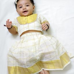 BownBee Cotton Half Sleeves Checked & Lace Embellished Pattu Pavda Lehenga Choli Set - Off White-image-47