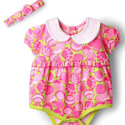 Babyhug 100% Cotton Knit Half Puffed Sleeves Peter Pan Collared Onesie With Headband & Sea Life Print - Pink-image-92
